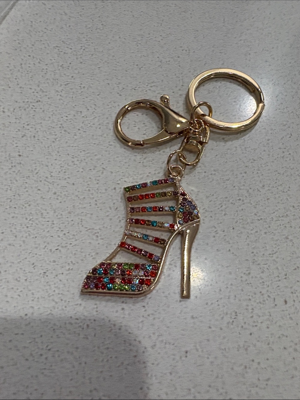 Gold High Heel Charm Keychain with Multicolor Gems